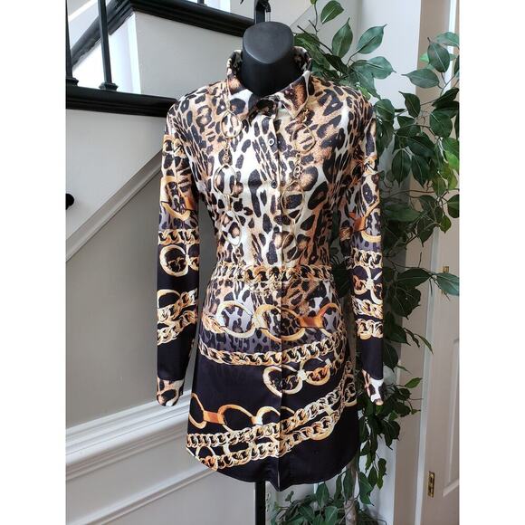 Unbranded Dresses & Skirts - Womens Knee Length Shirt Dress Small Multi Leopard Print Collared Button Front